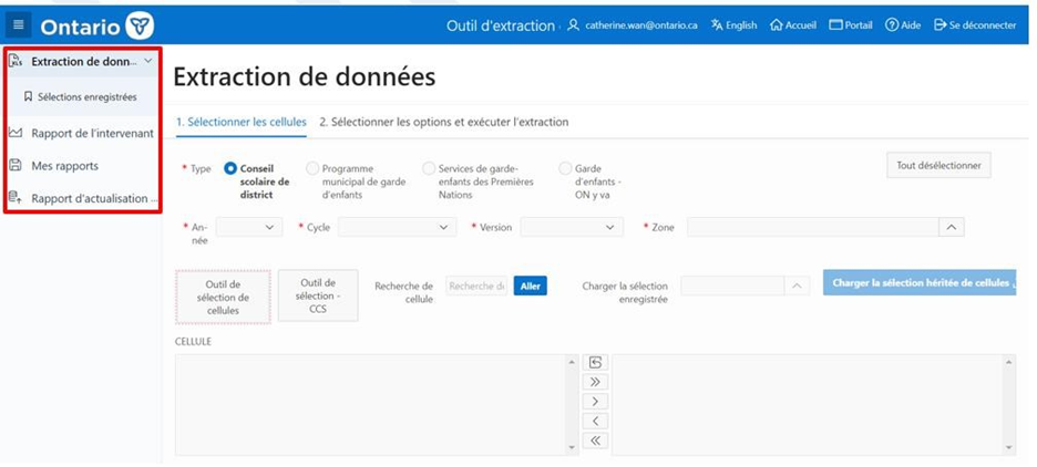 Menu latéral de l'outil d'extraction de données SIFE 2.0 (développement)